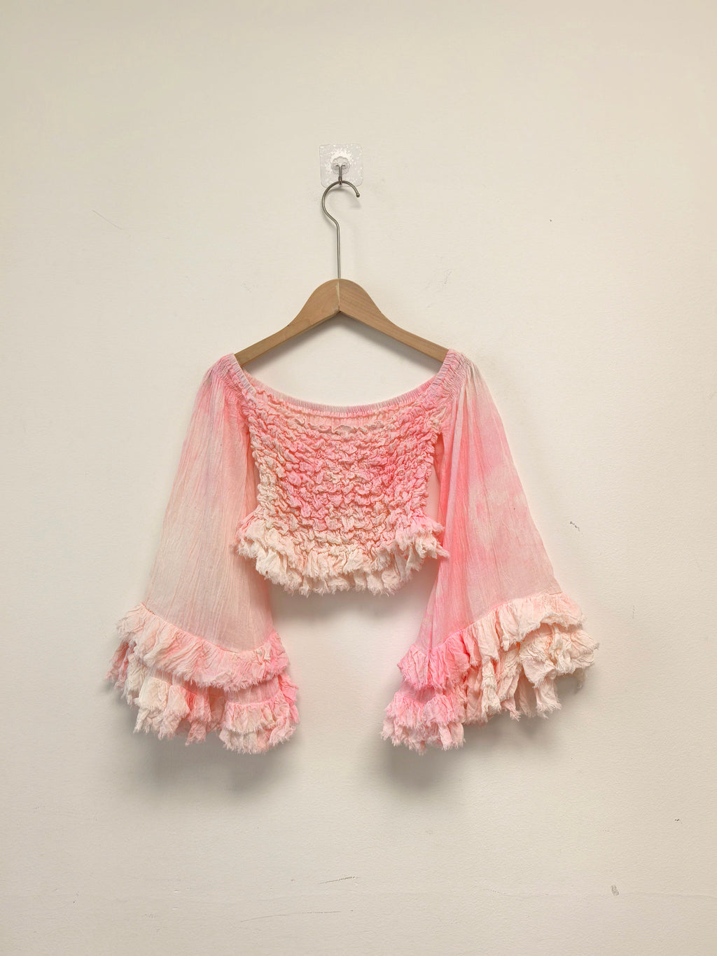 Pink Boho Ruffle Bell Sleeve Crop Top – Smocked Off Shoulder Fairy Blouse