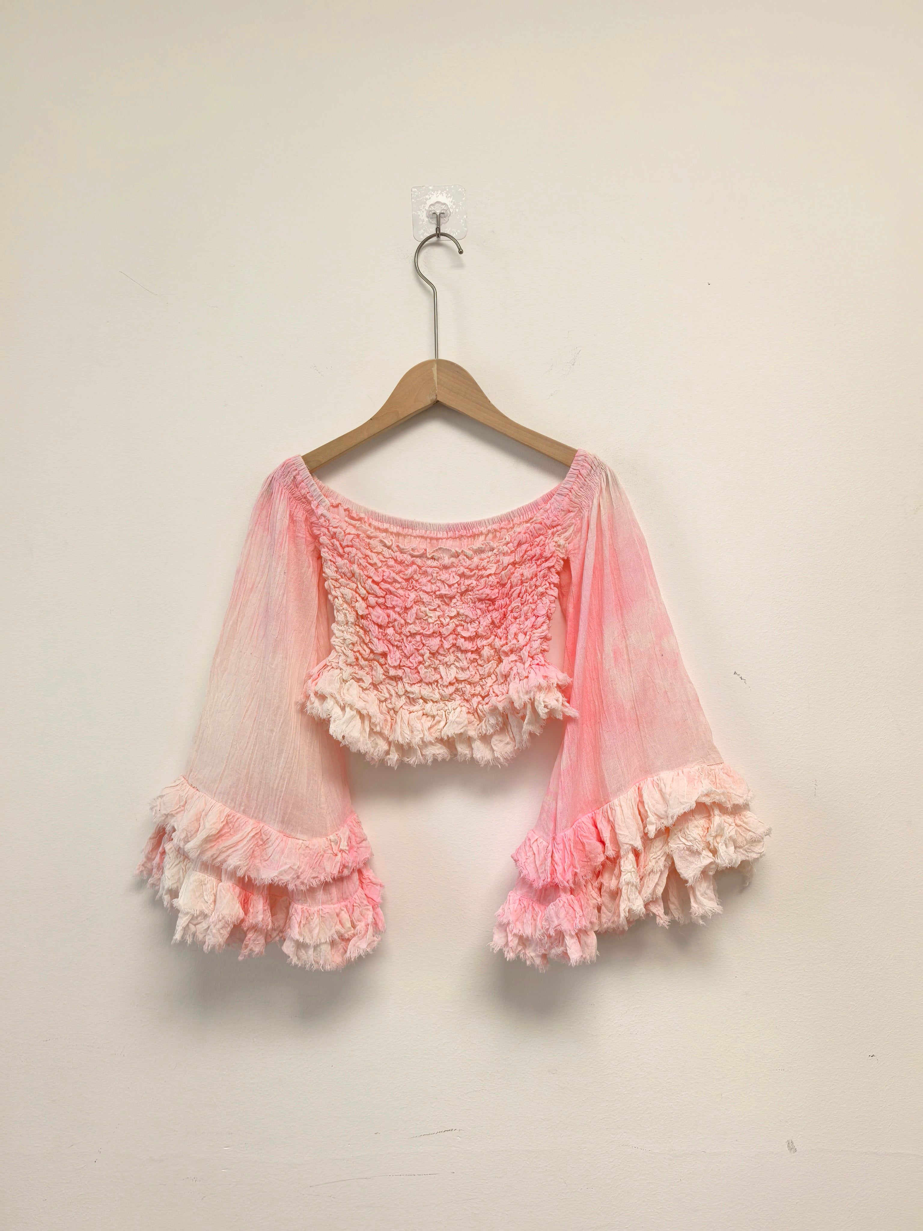 Pink Boho Ruffle Bell Sleeve Crop Top – Smocked Off Shoulder Fairy Blouse