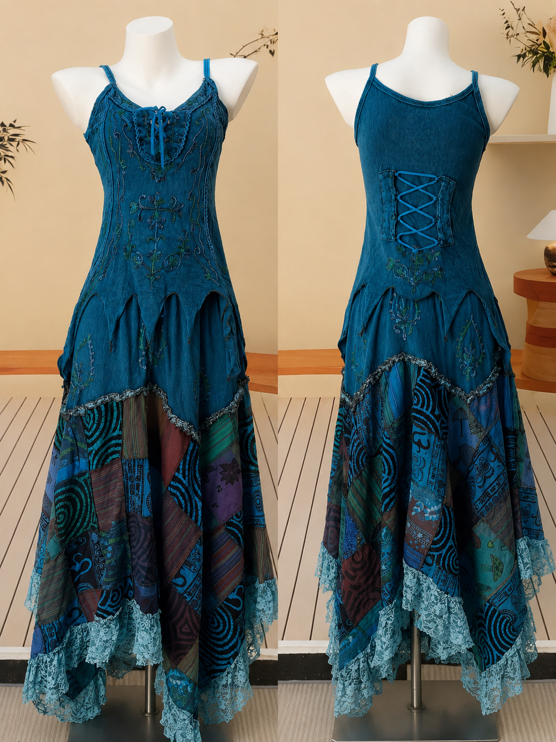 Handmade Nepalese Patchwork Boho Maxi Dress – Vintage Embroidered Fairycore Slip Dress with Lace Hem