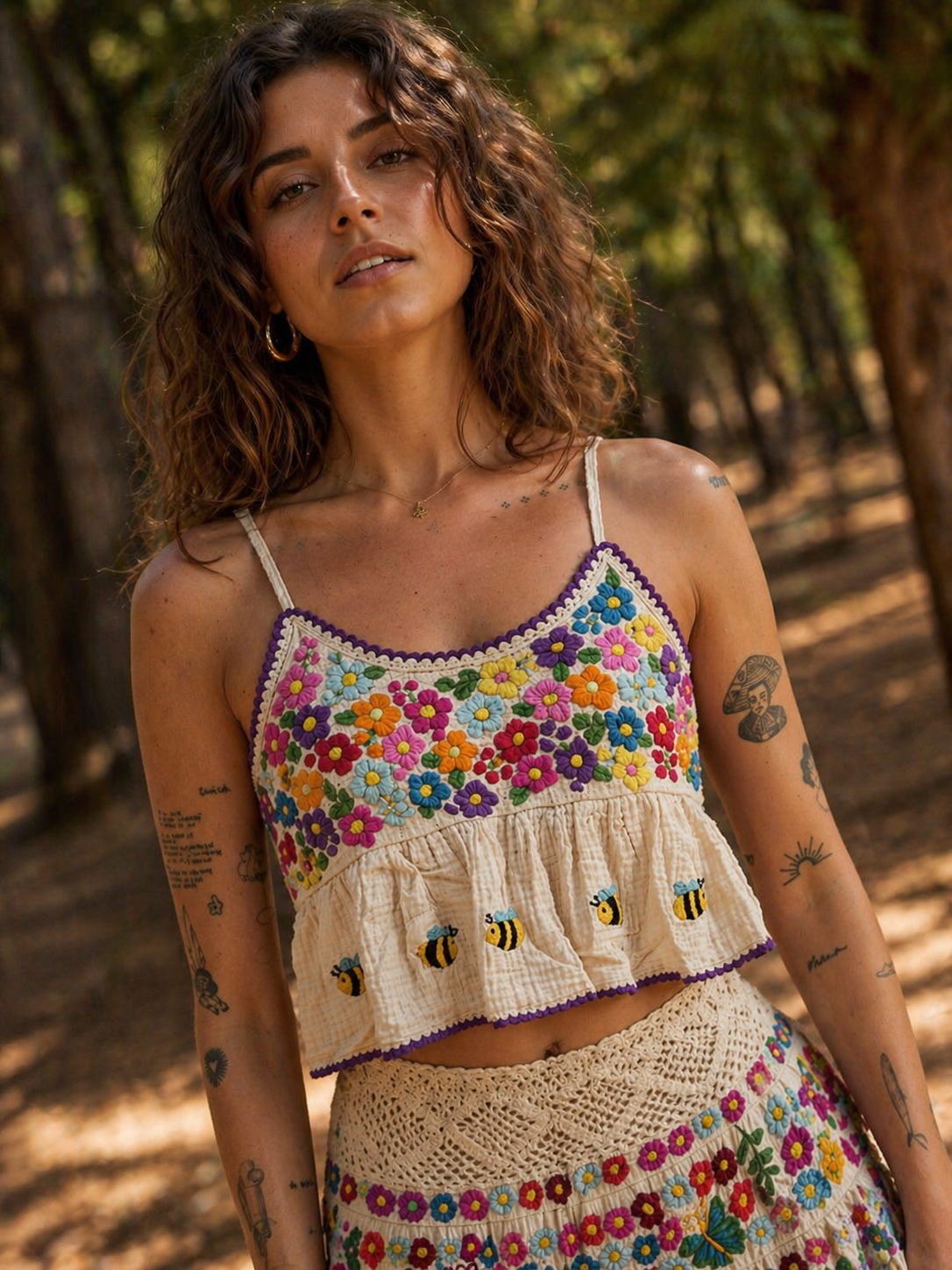 Hand-Embroidered Floral Cotton Cami Top – Boho Ruffle Crop Top with Bee Detail, Cottagecore Linen Blouse, Artisan Summer Top-White