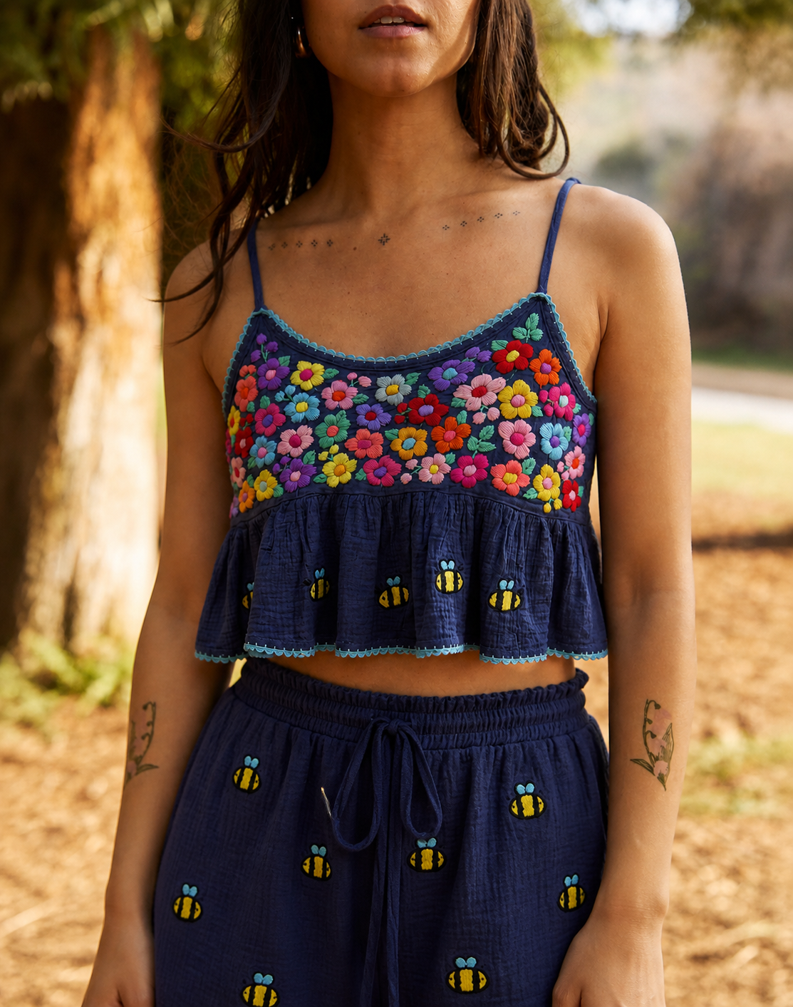 Hand-Embroidered Floral Cotton Cami Top – Boho Ruffle Crop Top with Bee Detail, Cottagecore Linen Blouse, Artisan Summer Top
