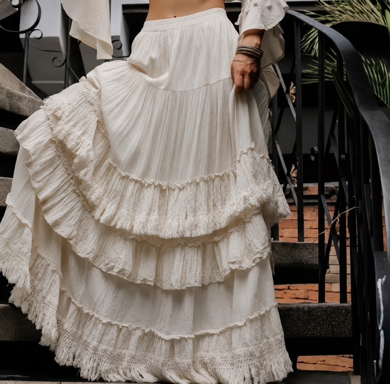Bohemian Cotton Tiered Ruffle Skirt – Natural Linen Blend Fairy Maxi Skirt, Flowy Cottagecore Boho Skirt, Handmade Inspired