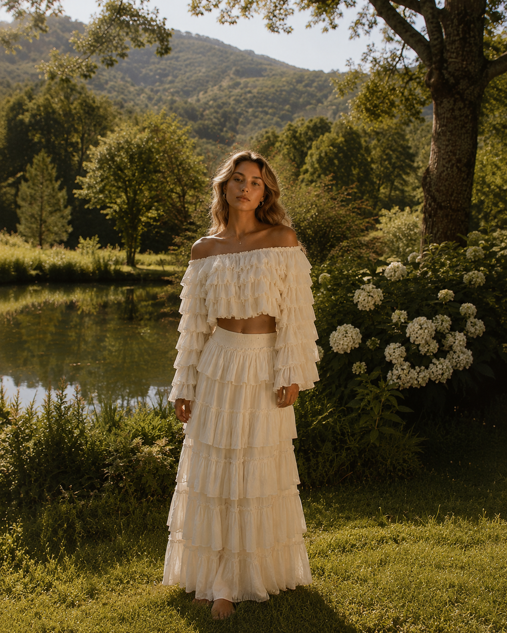 Boho Ruffle Off Shoulder Bell Sleeve Crop Top