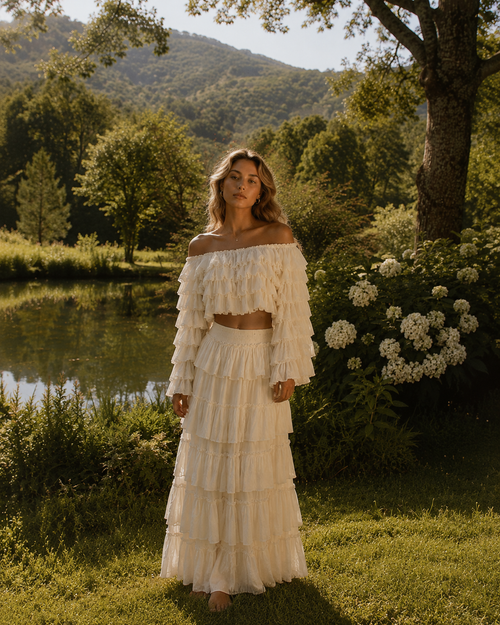Boho Ruffle Off Shoulder Bell Sleeve Crop Top