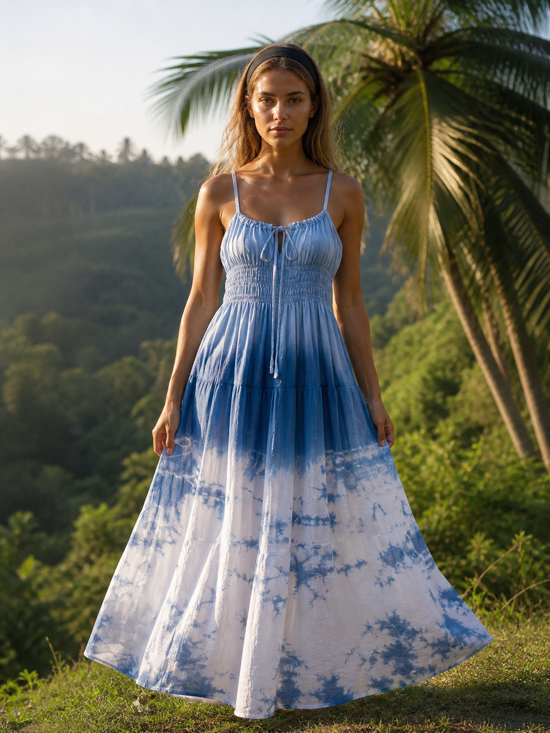 Blue Tie Dye Boho Maxi Dress | Smocked Summer Sundress | Chiang Mai Handmade Beach Dress | Cottagecore Outfit