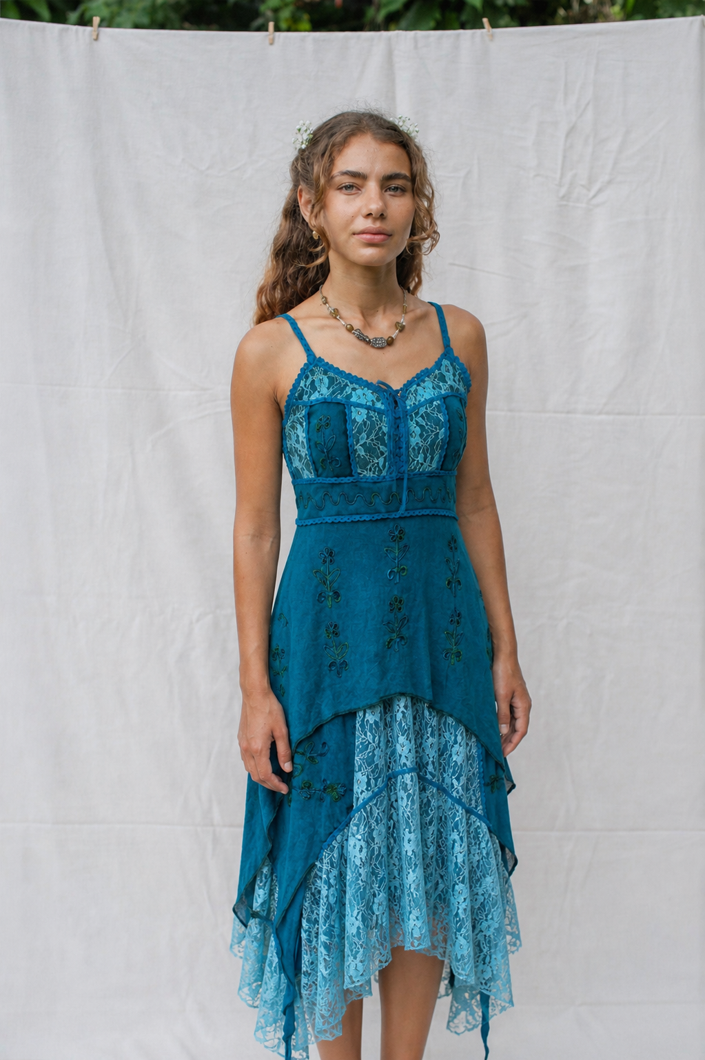 Nepal Handmade Boho Lace Dress | Teal Layered Asymmetrical Dress | Vintage Embroidered Maxi | Cottagecore Fairy Dress