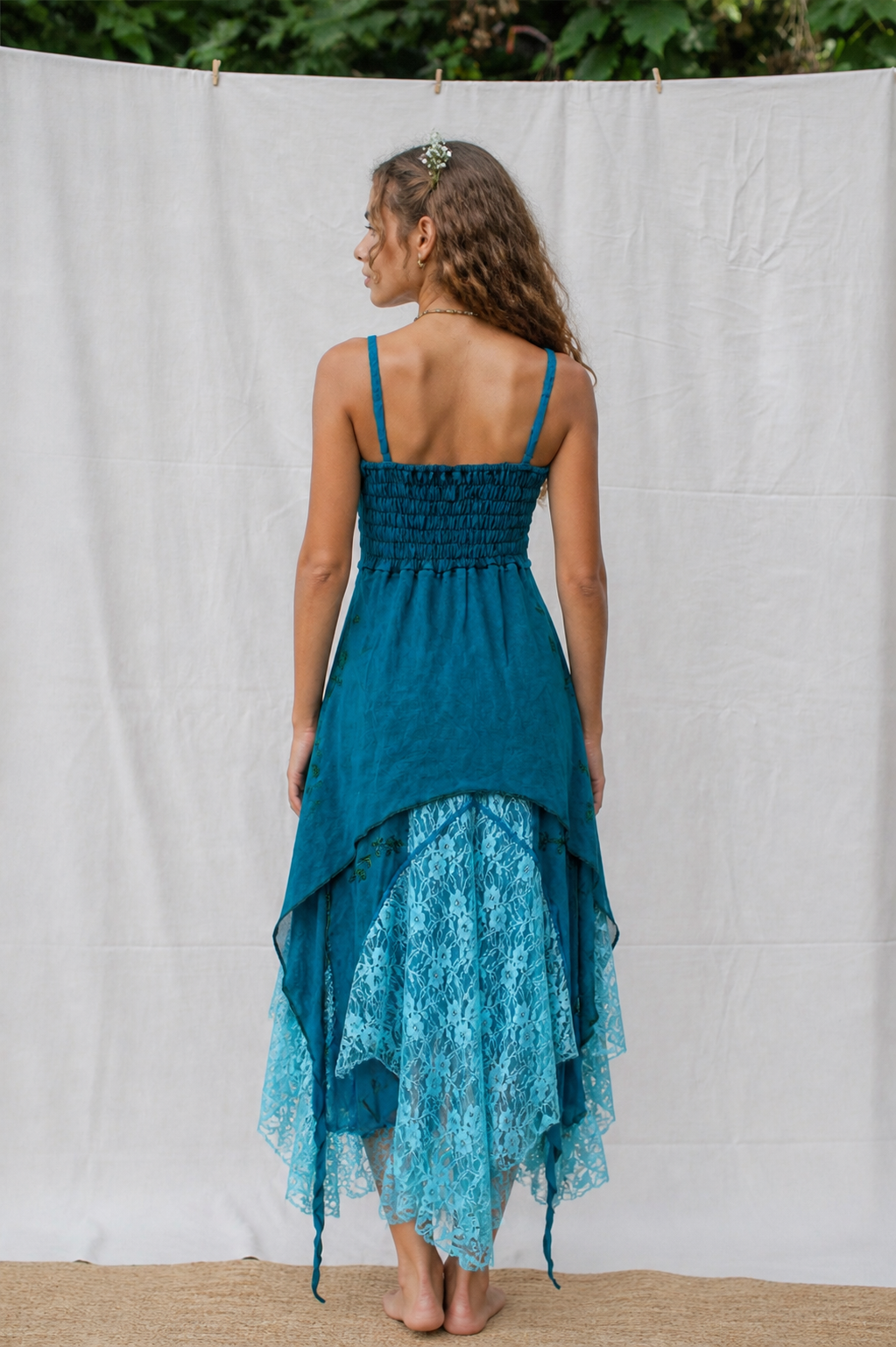 Nepal Handmade Boho Lace Dress | Teal Layered Asymmetrical Dress | Vintage Embroidered Maxi | Cottagecore Fairy Dress