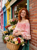 Pink Boho Ruffle Bell Sleeve Crop Top – Smocked Off Shoulder Fairy Blouse
