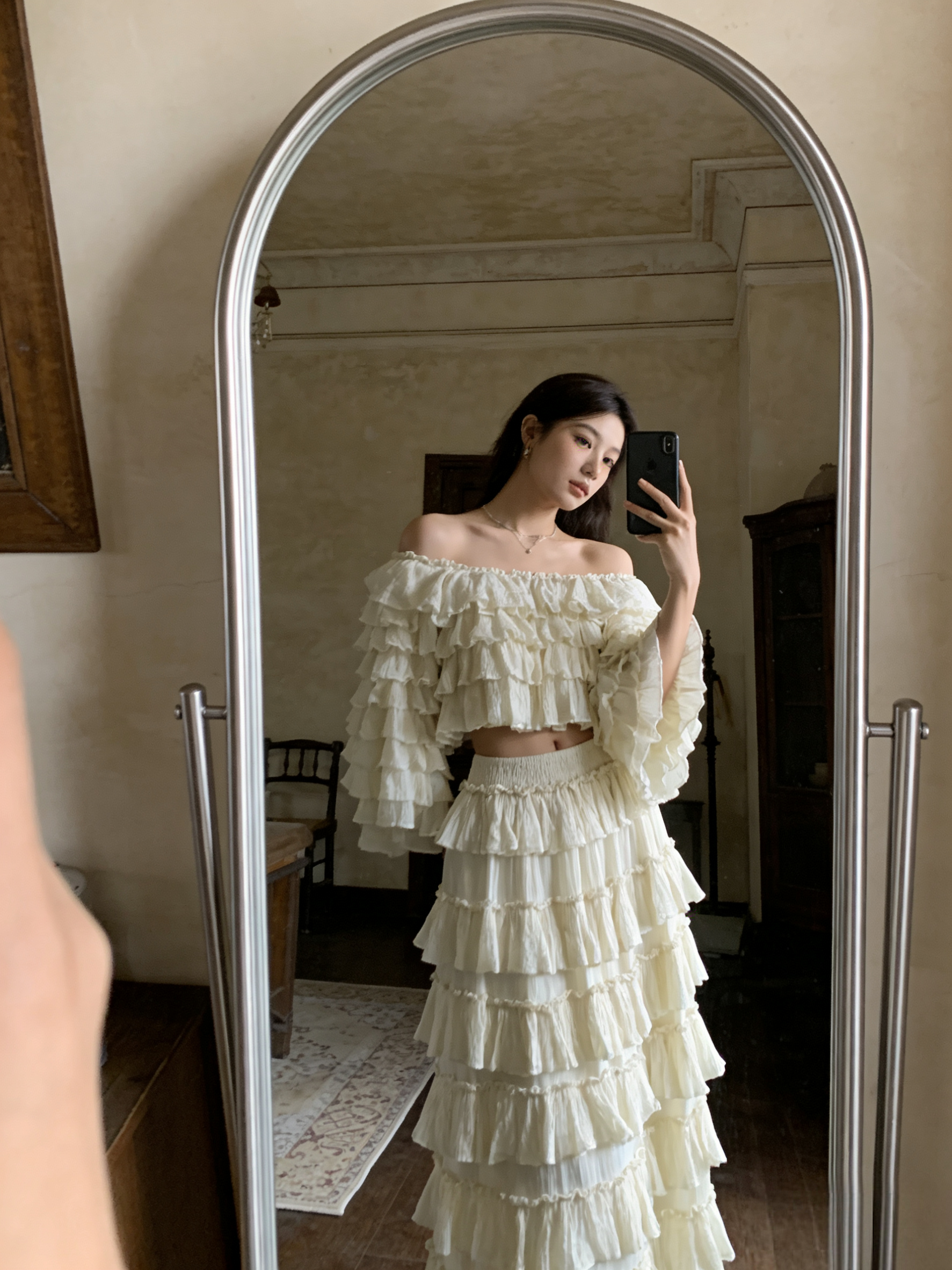 Boho Ruffle Off Shoulder Bell Sleeve Crop Top