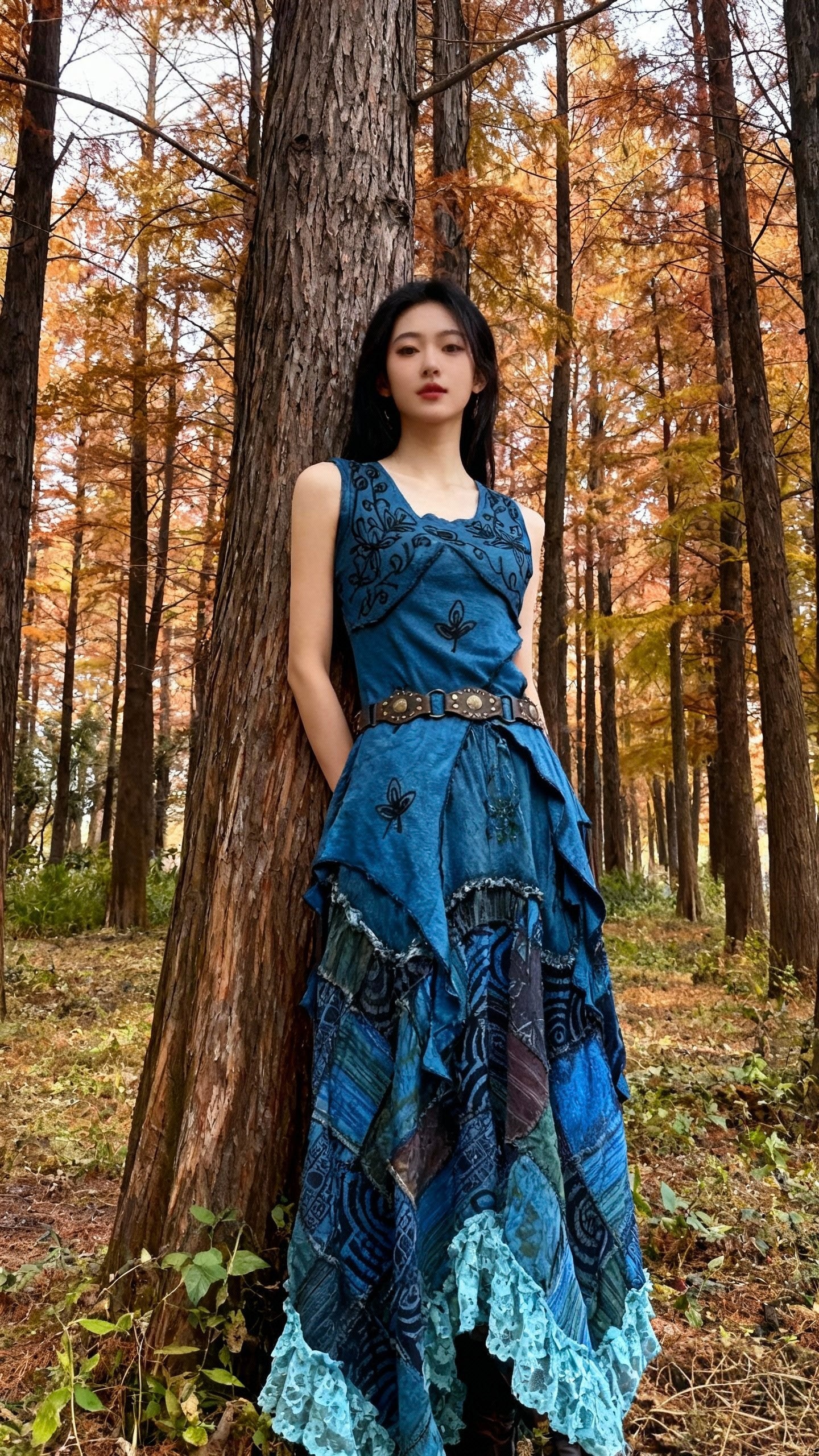 Handmade Nepalese Patchwork Boho Maxi Dress – Vintage Embroidered Fairycore Slip Dress with Lace Hem