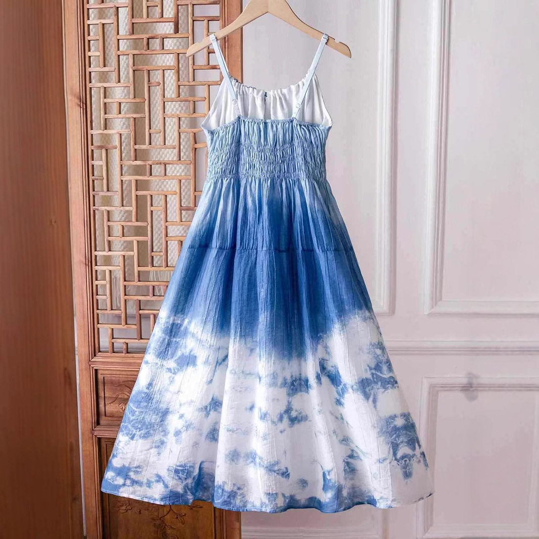 Blue Tie Dye Boho Maxi Dress | Smocked Summer Sundress | Chiang Mai Handmade Beach Dress | Cottagecore Outfit
