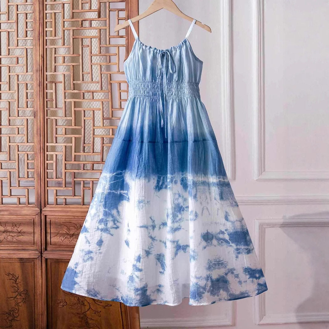 Blue Tie Dye Boho Maxi Dress | Smocked Summer Sundress | Chiang Mai Handmade Beach Dress | Cottagecore Outfit