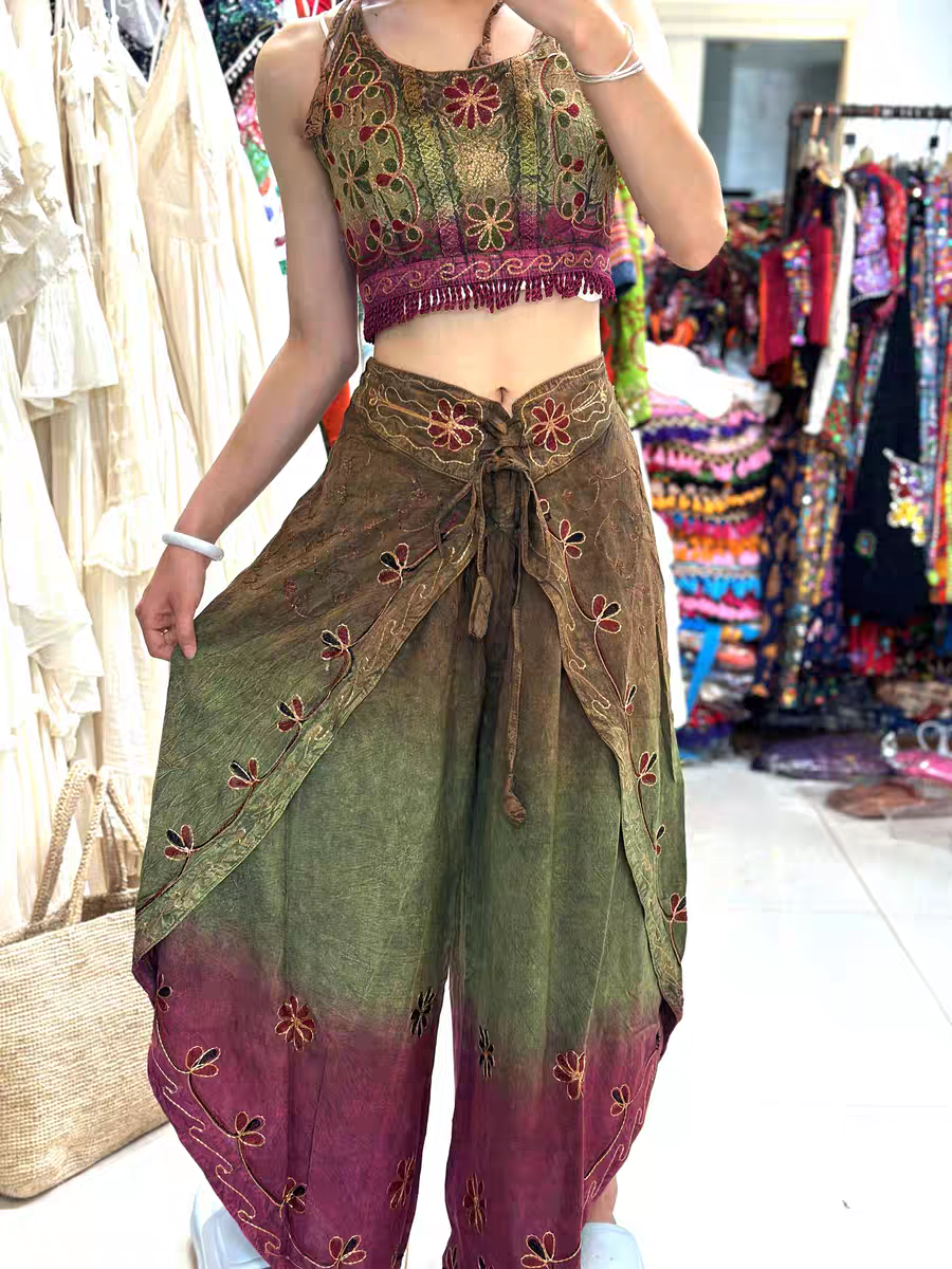 Handmade Botanical Tie-Dye Boho Embroidered Cotton Silk Set – Fairy Cami Top & Wide Leg Pants Summer Outfit (Pink)