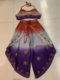 Handmade Botanical Tie-Dye Boho Embroidered Cotton Silk Set – Fairy Cami Top & Wide Leg Pants Summer Outfit (Red)