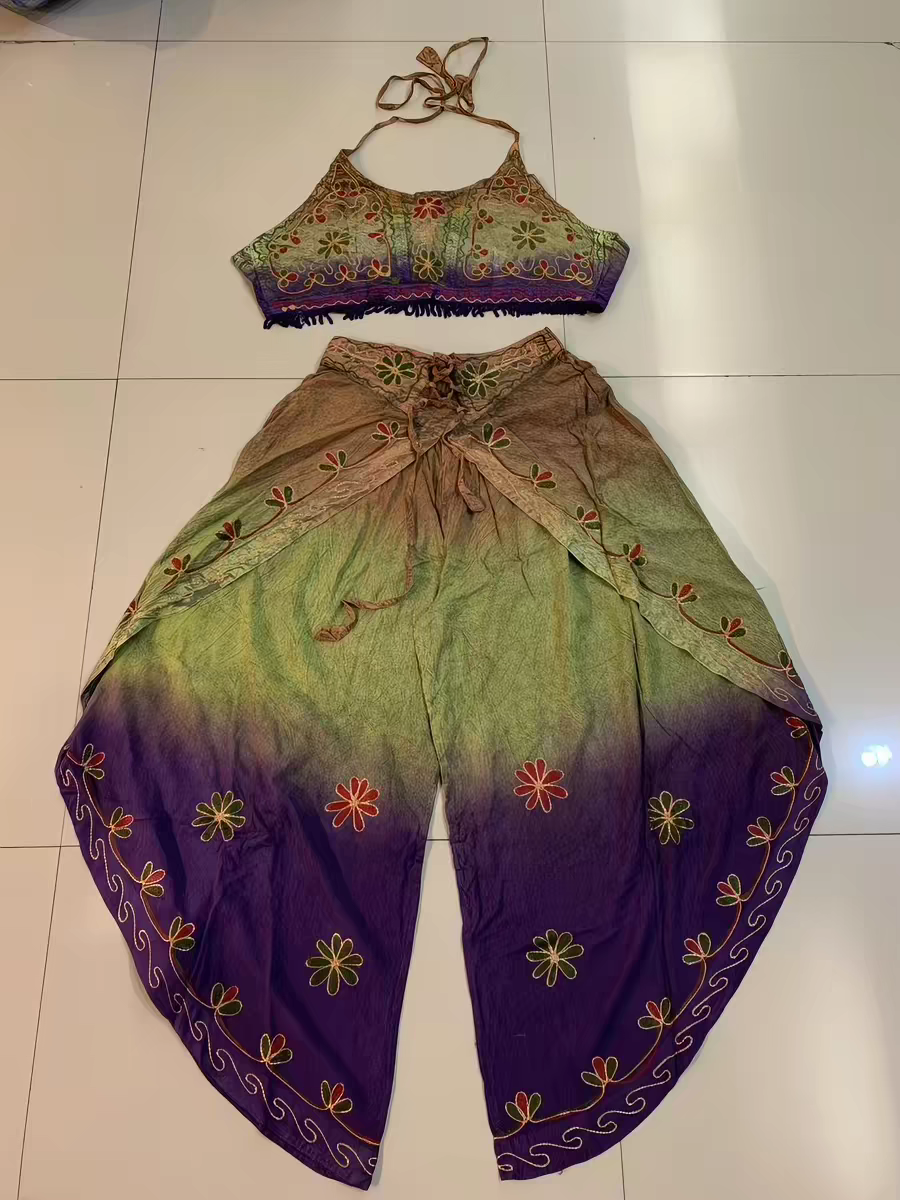 Handmade Botanical Tie-Dye Boho Embroidered Cotton Silk Set – Fairy Cami Top & Wide Leg Pants Summer Outfit (Purple)