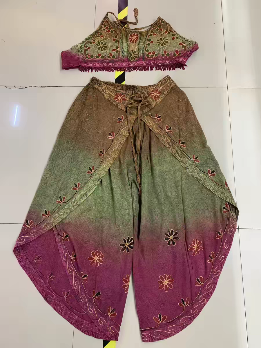 Handmade Botanical Tie-Dye Boho Embroidered Cotton Silk Set – Fairy Cami Top & Wide Leg Pants Summer Outfit (Pink)