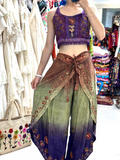 Handmade Botanical Tie-Dye Boho Embroidered Cotton Silk Set – Fairy Cami Top & Wide Leg Pants Summer Outfit (Purple)