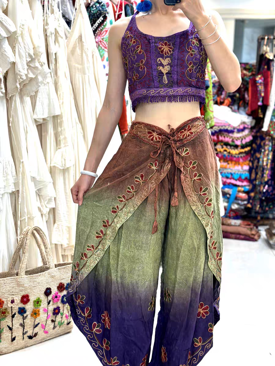 Handmade Botanical Tie-Dye Boho Embroidered Cotton Silk Set – Fairy Cami Top & Wide Leg Pants Summer Outfit (Purple)
