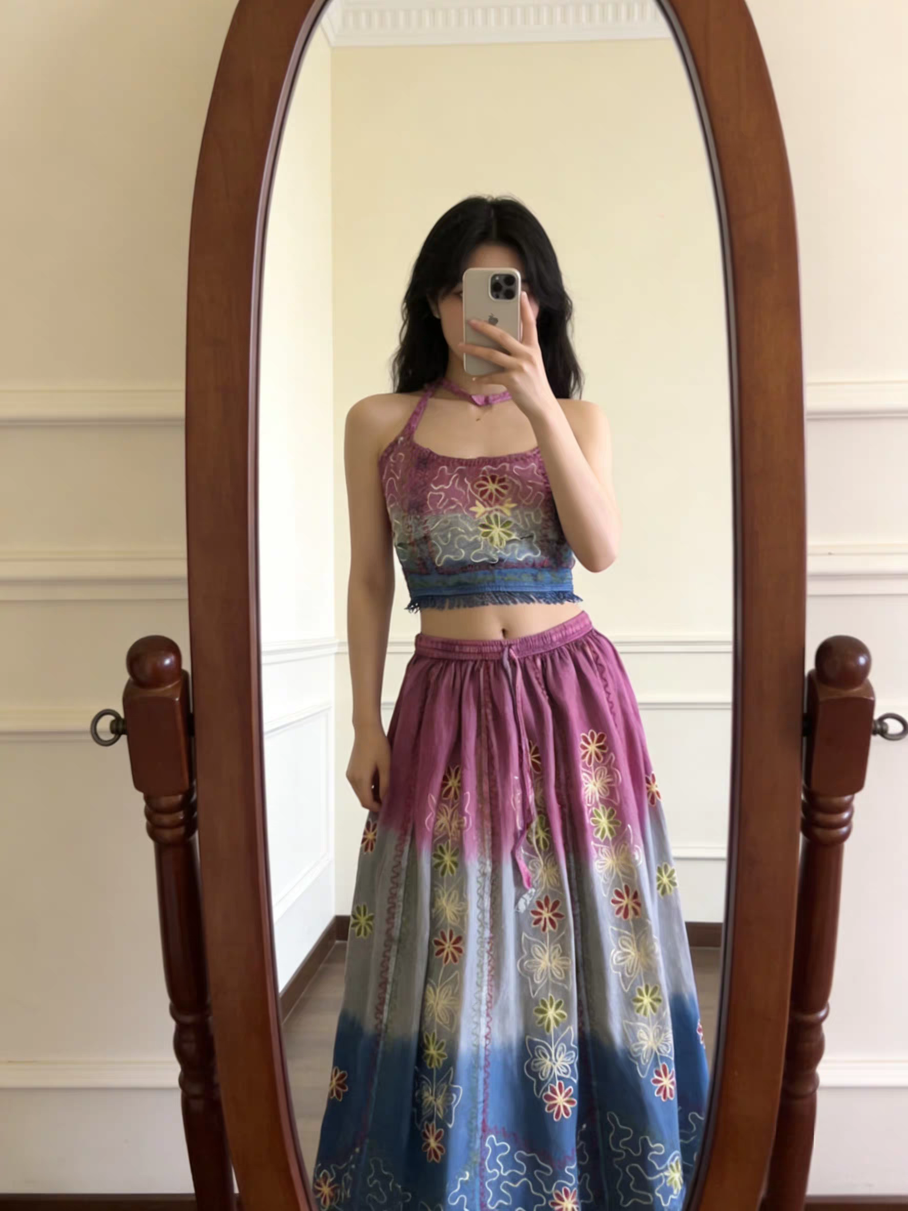 Handmade Botanical Tie-Dye Boho Embroidered Cotton Silk Set – Fairy Cami Top & Skirts（Sunfade）