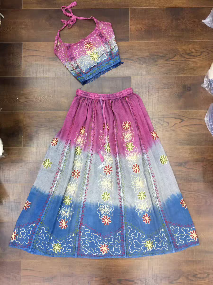 Handmade Botanical Tie-Dye Boho Embroidered Cotton Silk Set – Fairy Cami Top & Skirts（Sunfade）