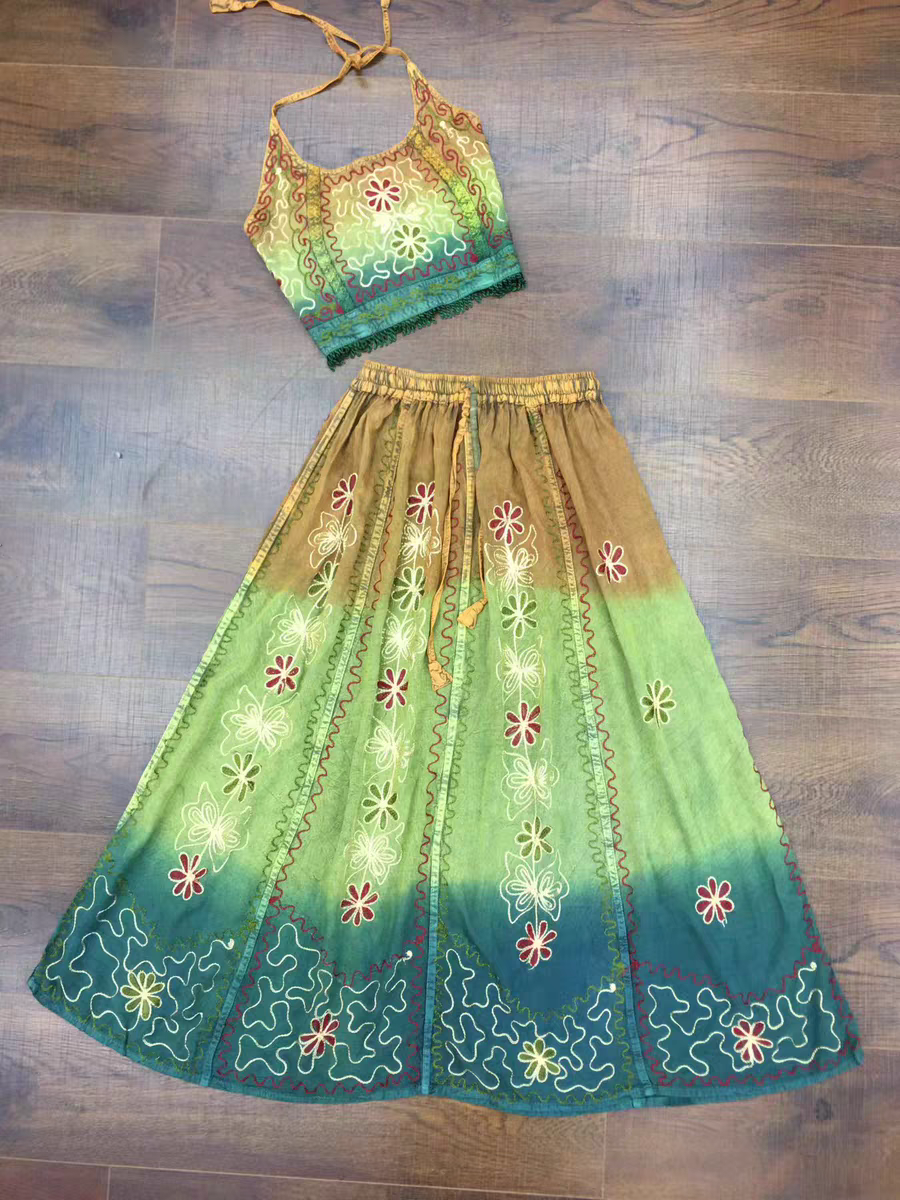Handmade Botanical Tie-Dye Boho Embroidered Cotton Silk Set – Fairy Cami Top & Skirts（Oasis）