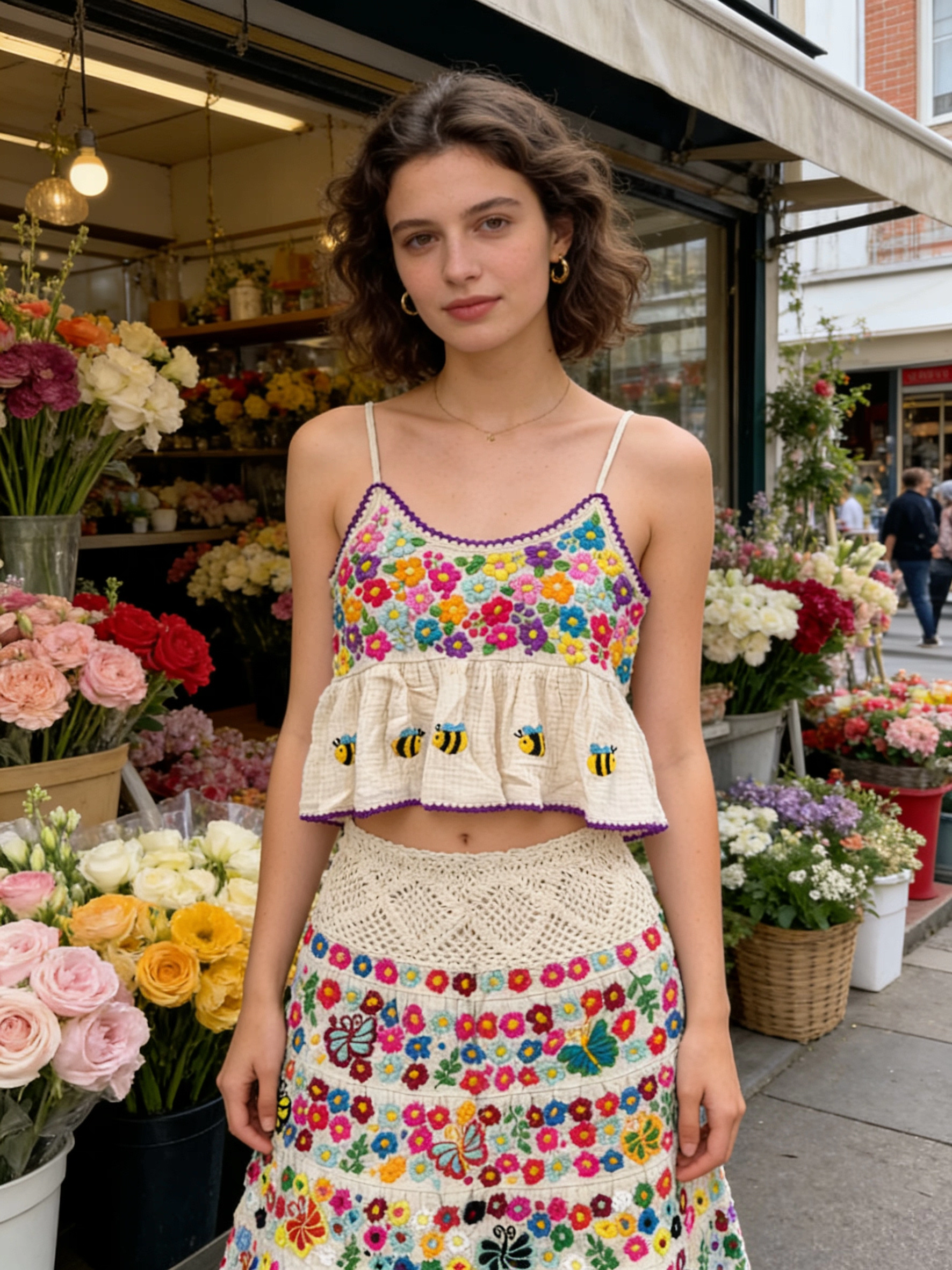 Hand-Embroidered Floral Cotton Cami Top – Boho Ruffle Crop Top with Bee Detail, Cottagecore Linen Blouse, Artisan Summer Top-White