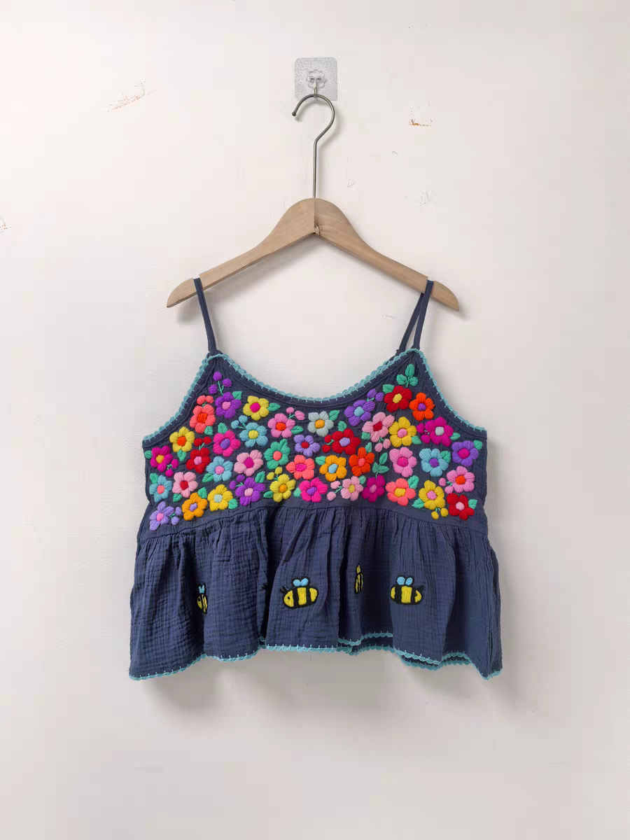 Hand-Embroidered Floral Cotton Cami Top – Boho Ruffle Crop Top with Bee Detail, Cottagecore Linen Blouse, Artisan Summer Top